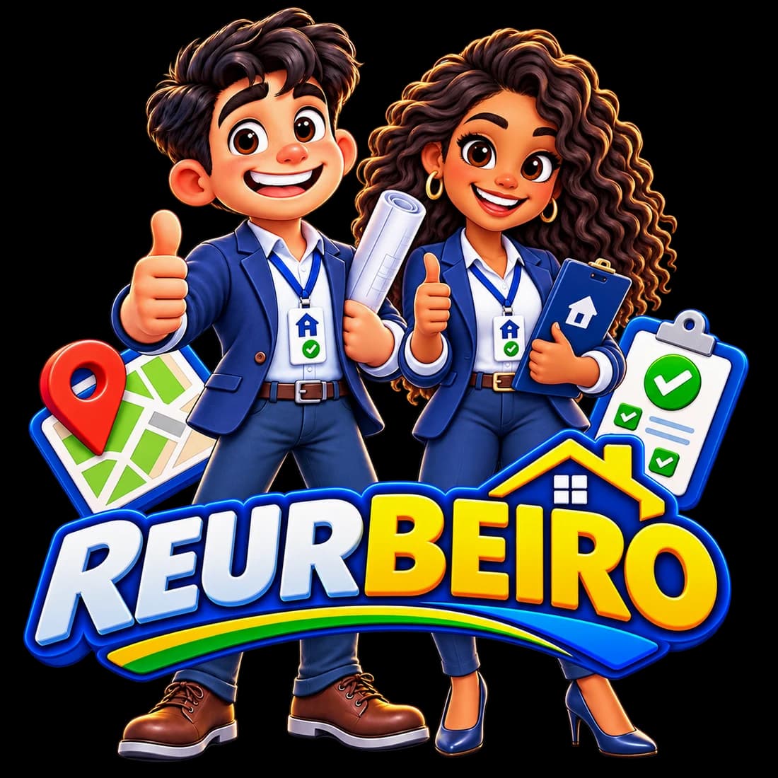 Casal de reurbeiros do aplicativo REURBEIRO, sorrindo com prancheta, projeto e mapa