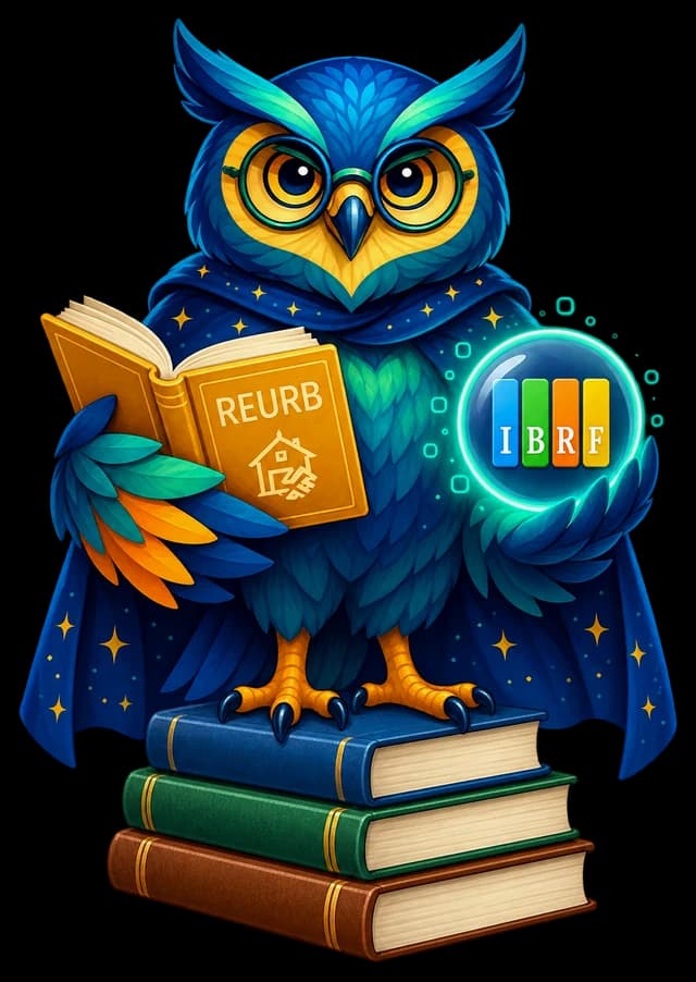 A coruja do ORÁCULO DA REURB sobre uma pilha de livros, com o livro REURB e a esfera do IBRF